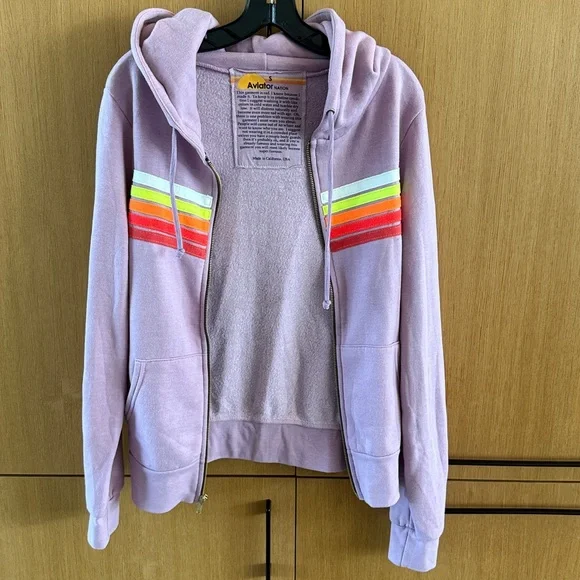 Aviator Nation 5 STRIPE Zip HOODIE Jacket Purple / MAUVE NEON colors Size Small - Picture 6 of 10